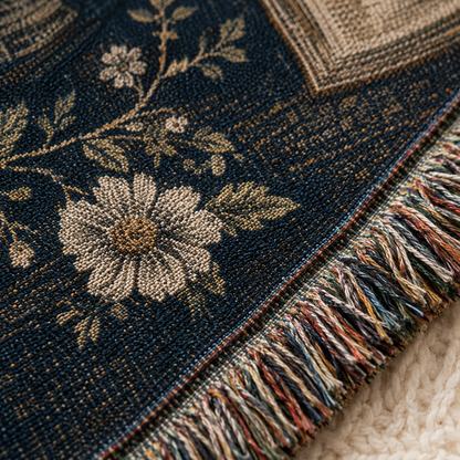 Macro detail of Reading Nook woven blanket showing woven texture and multicolor fringe