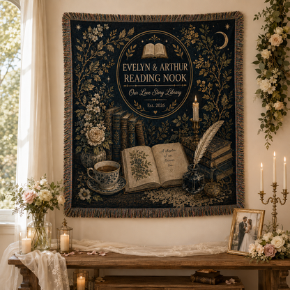Personalized Reading Nook wedding woven blanket displayed as romantic wall decor