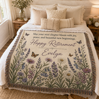 Personalized retirement floral woven blanket styled on a bright bedroom bed