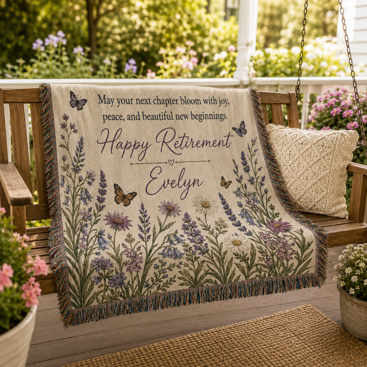 Personalized retirement floral woven blanket on a garden porch swing