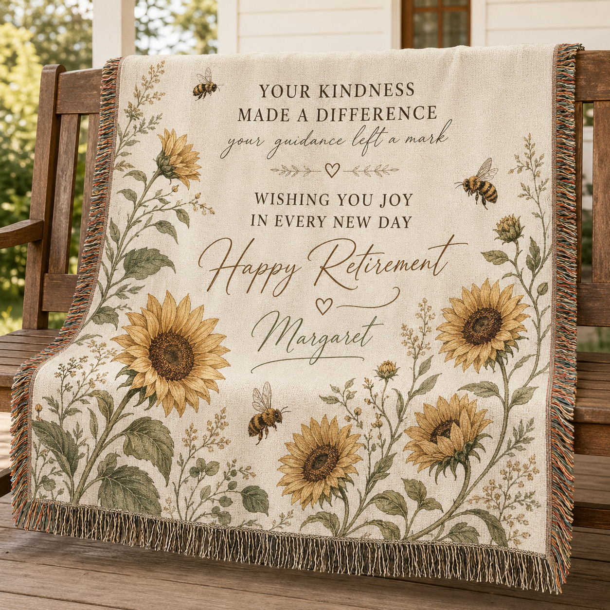 Personalized retirement sunflower woven blanket with bees, custom name, heartfelt message and fringe