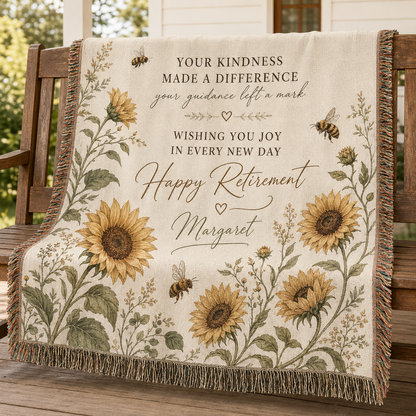 Personalized retirement sunflower woven blanket with bees, custom name, heartfelt message and fringe