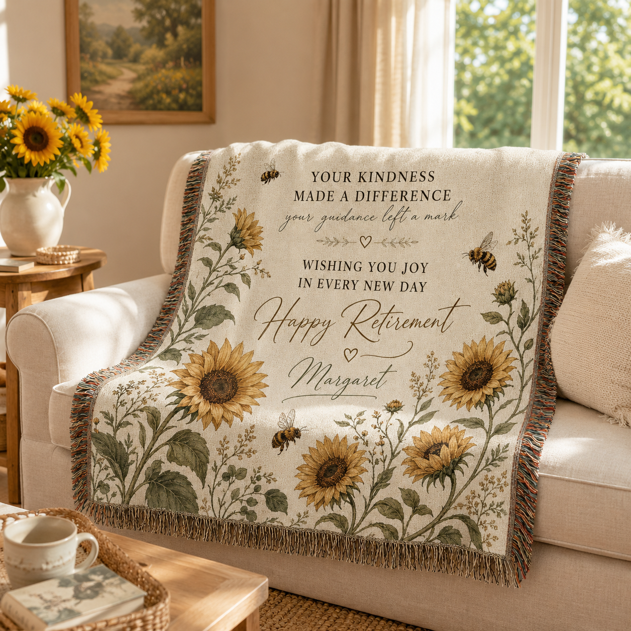 Personalized retirement sunflower woven blanket draped over a cream sofa in a sunlit living room