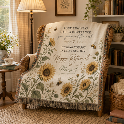 Personalized retirement sunflower woven blanket displayed in a cozy cottage reading nook