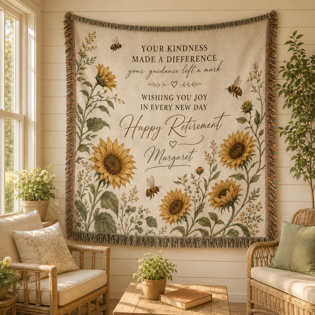 Personalized retirement sunflower woven blanket displayed as wall tapestry in a bright sunroom