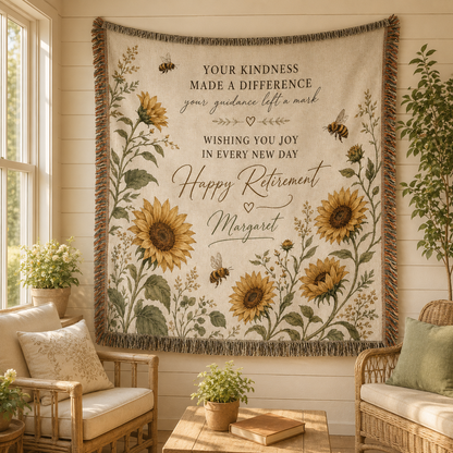 Personalized retirement sunflower woven blanket displayed as wall tapestry in a bright sunroom