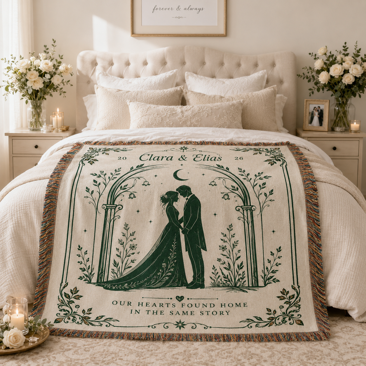 Personalized romantic wedding woven blanket styled across a wedding-themed bedroom bed