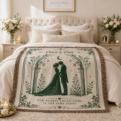 Personalized romantic wedding woven blanket styled across a wedding-themed bedroom bed