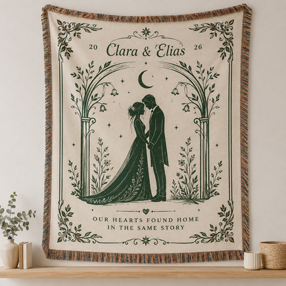 Personalized romantic wedding woven blanket with custom couple names and botanical crescent moon design