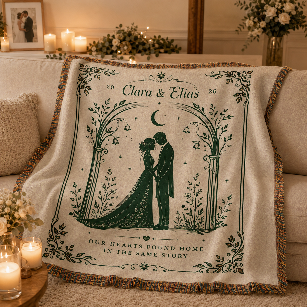 Personalized romantic wedding woven blanket softly draped on a neutral sofa