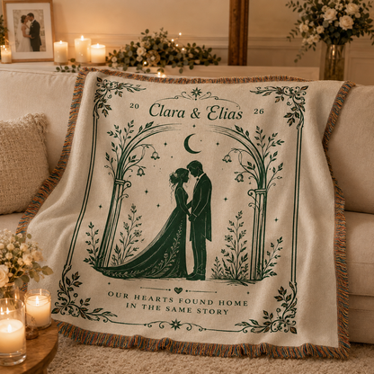 Personalized romantic wedding woven blanket softly draped on a neutral sofa