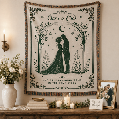 Personalized romantic wedding woven blanket displayed as botanical wedding wall decor