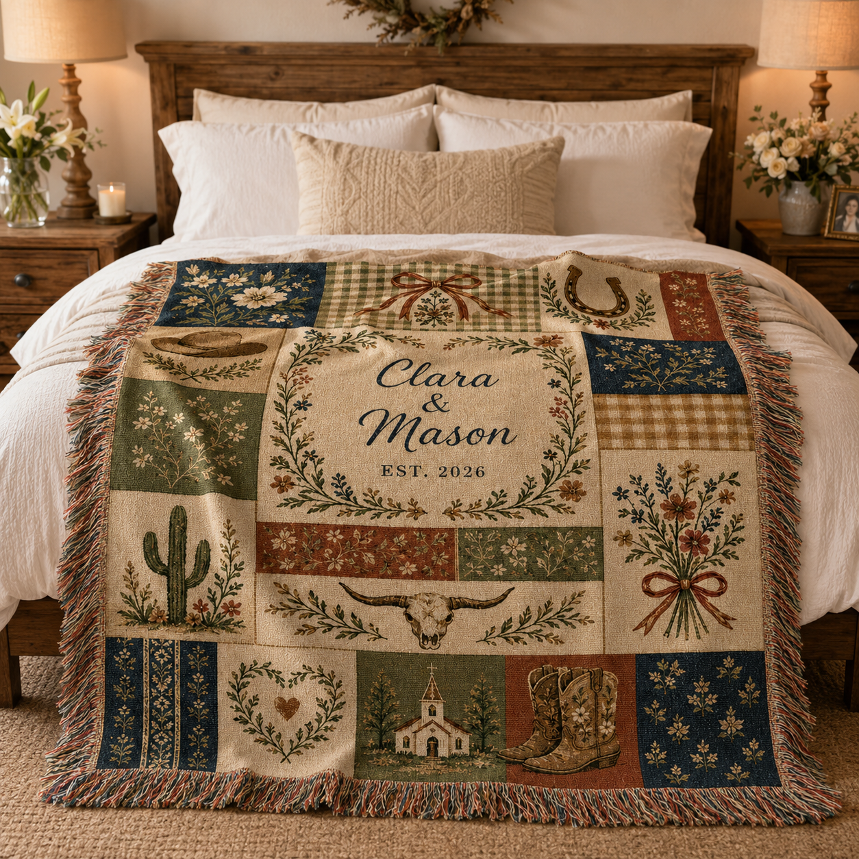 Personalized rustic western wedding woven blanket styled across a bedroom bed