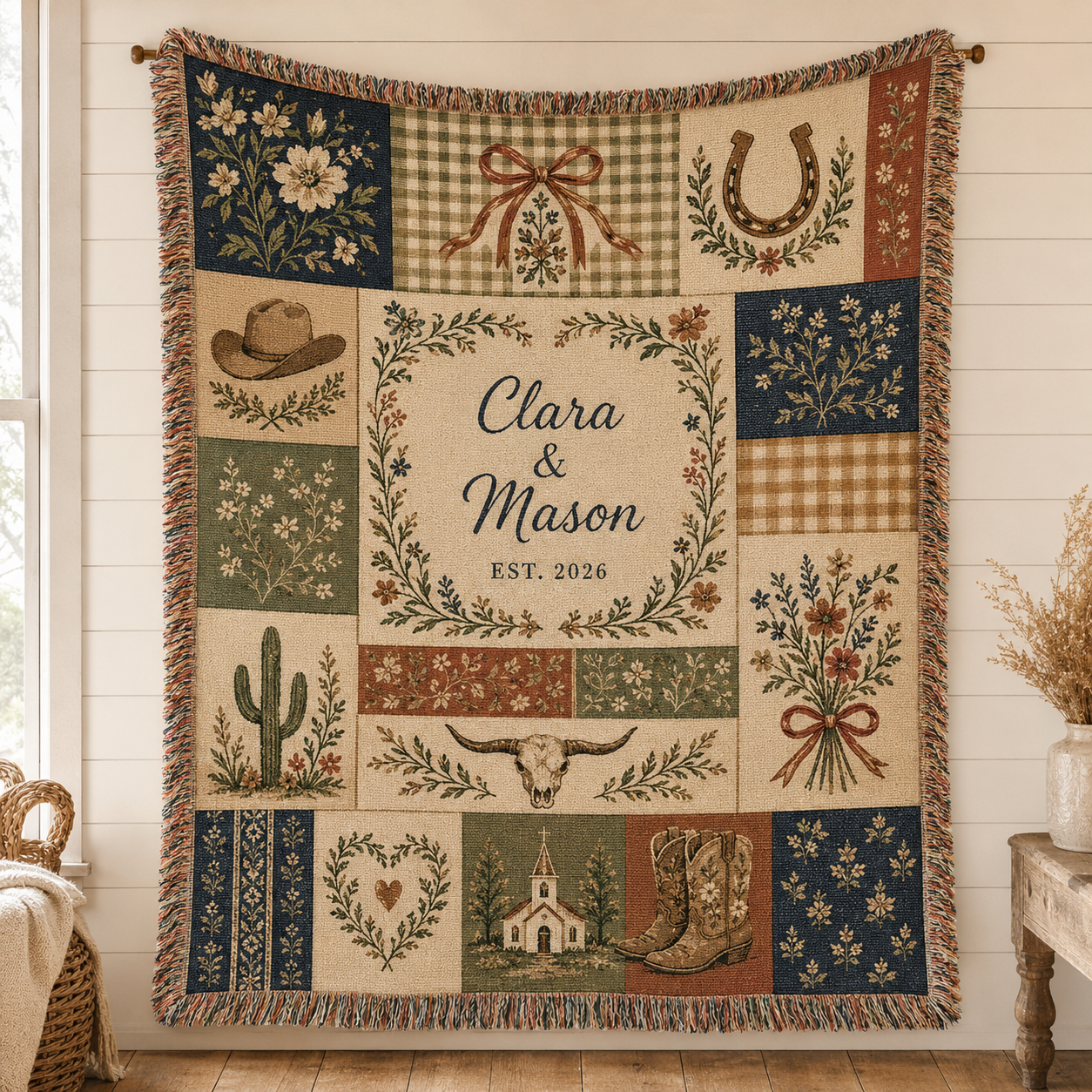 Personalized rustic western patchwork wedding woven blanket with Clara and Mason names