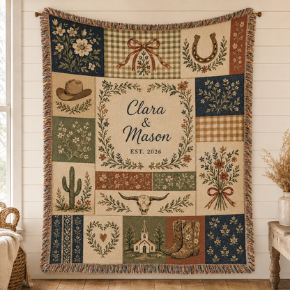 Personalized rustic western patchwork wedding woven blanket with Clara and Mason names