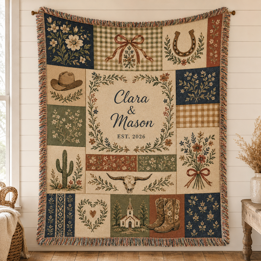 Personalized rustic western patchwork wedding woven blanket with Clara and Mason names