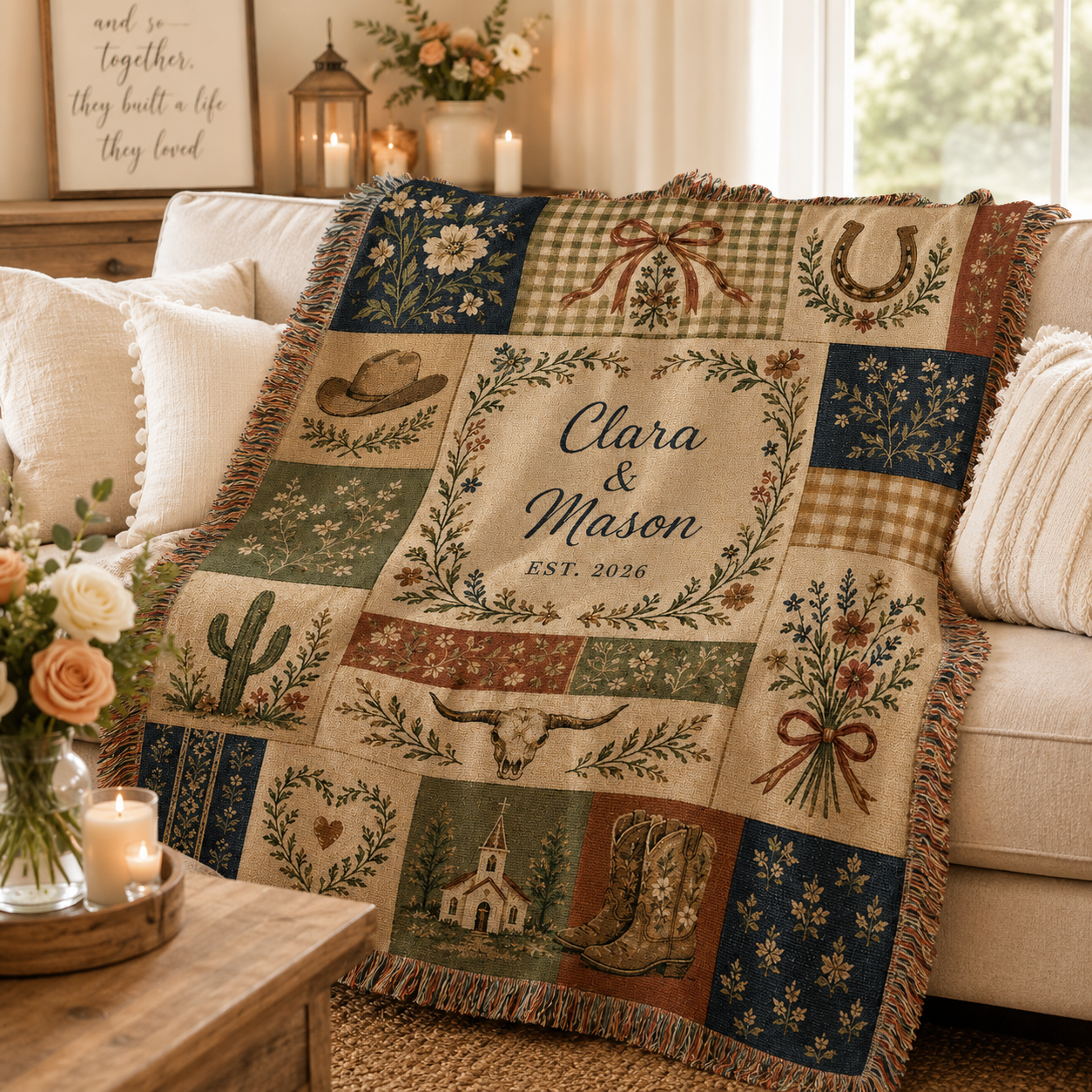 Rustic western personalized wedding woven blanket softly draped on a sofa