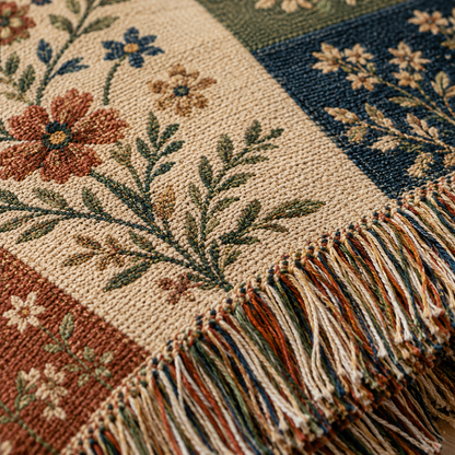 Macro woven texture and multicolor fringe detail of rustic western wedding blanket