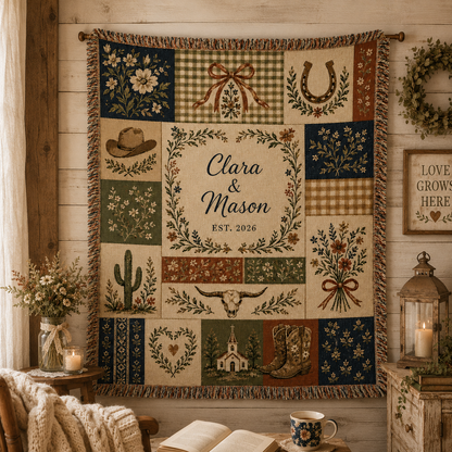 Personalized rustic western patchwork wedding woven blanket displayed as wall decor