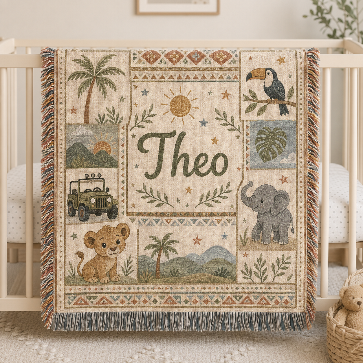 Personalized safari adventure woven blanket with custom name, jungle animals and fringe