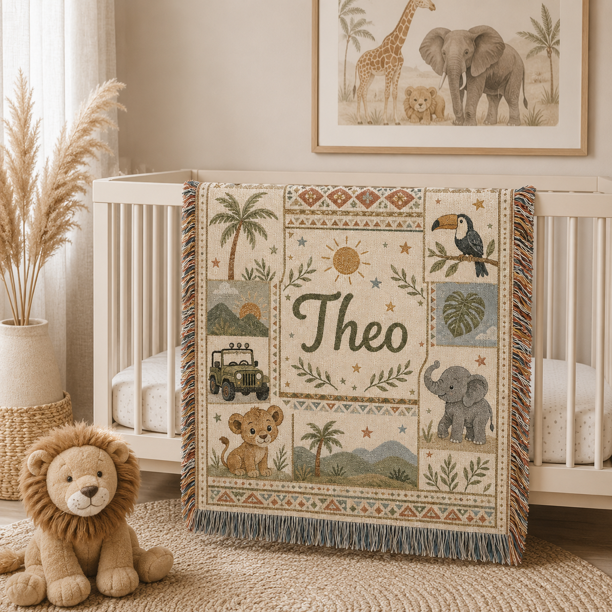 Personalized safari woven blanket displayed on a nursery crib with safari decor