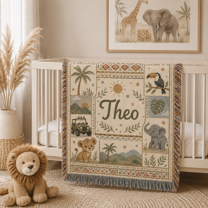 Personalized safari woven blanket displayed on a nursery crib with safari decor