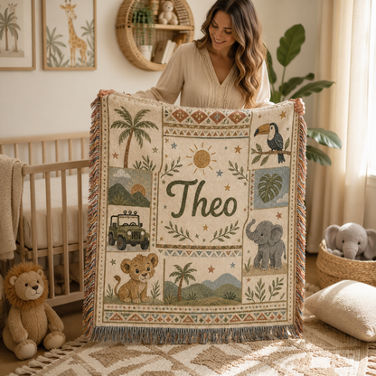 Mother holding a personalized safari woven blanket in a warm nursery