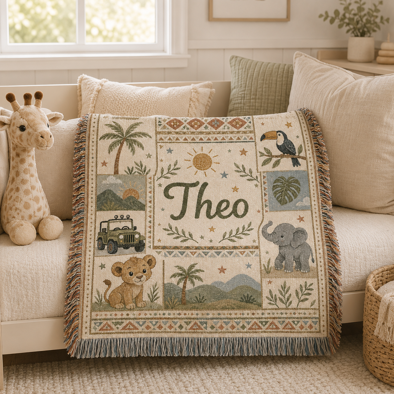 Personalized safari woven blanket styled on a neutral nursery daybed