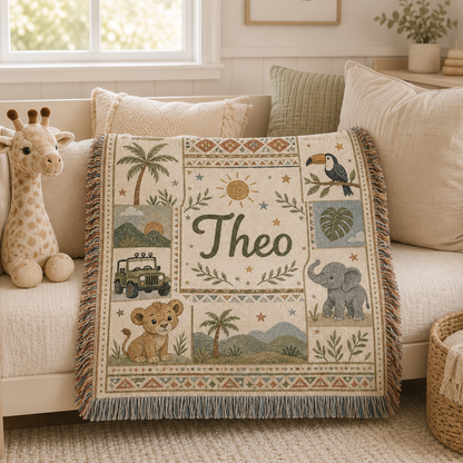Personalized safari woven blanket styled on a neutral nursery daybed