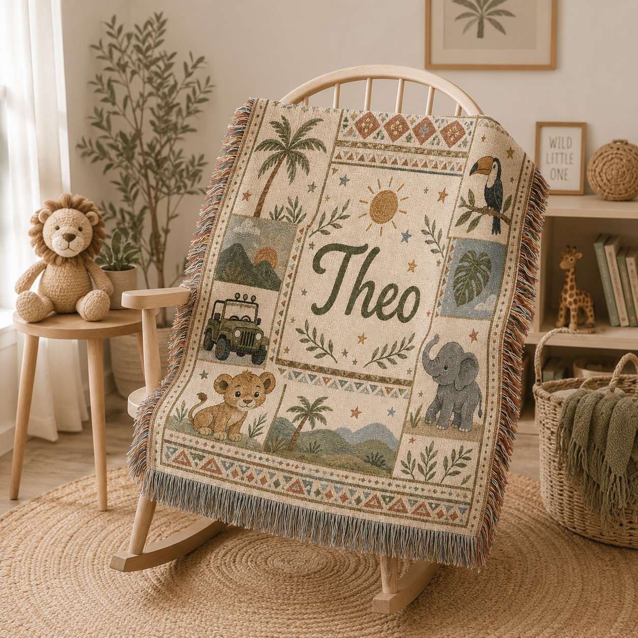 Personalized safari woven blanket displayed on a wooden nursery rocking chair