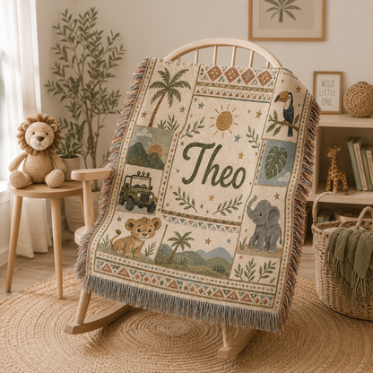 Personalized safari woven blanket displayed on a wooden nursery rocking chair