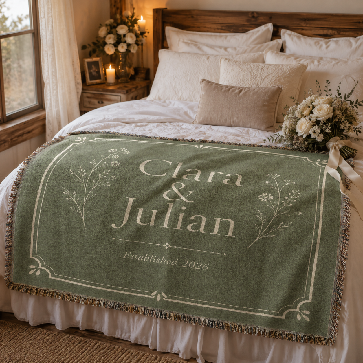 Personalized sage botanical wedding woven blanket styled across a romantic bedroom bed