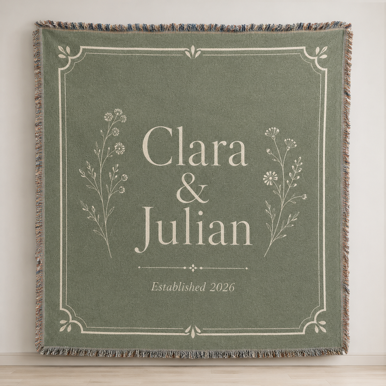 Personalized sage green botanical wedding woven blanket with custom couple names and established year