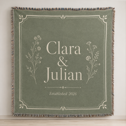 Personalized sage green botanical wedding woven blanket with custom couple names and established year