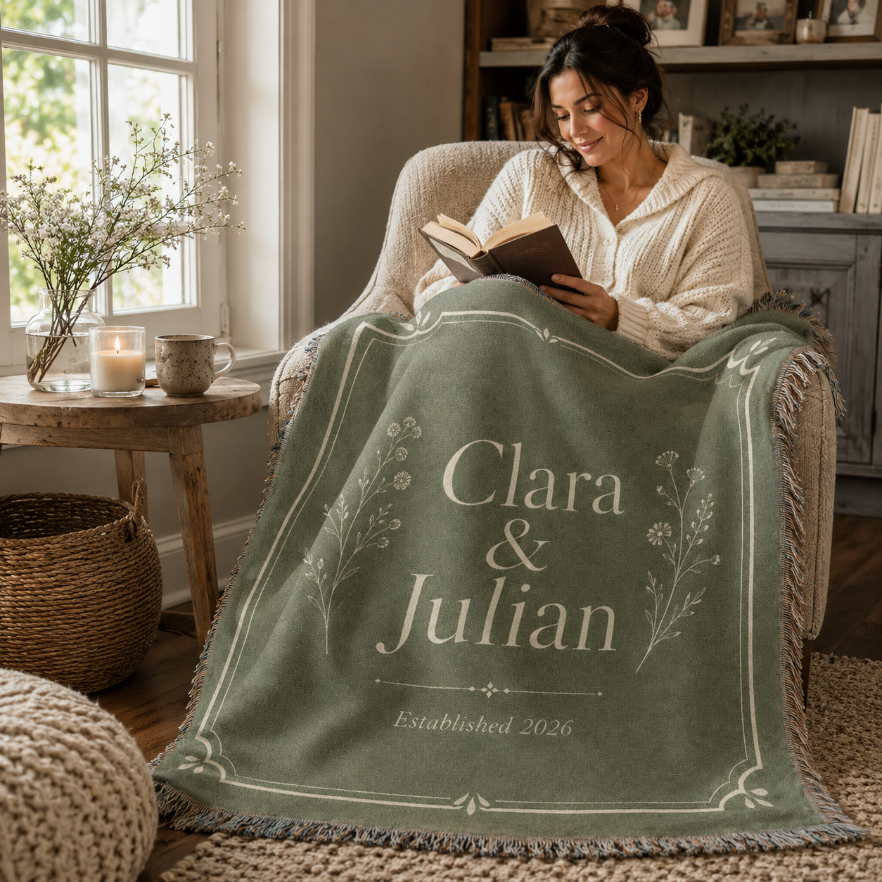 Personalized sage botanical wedding woven blanket used in a cozy reading nook