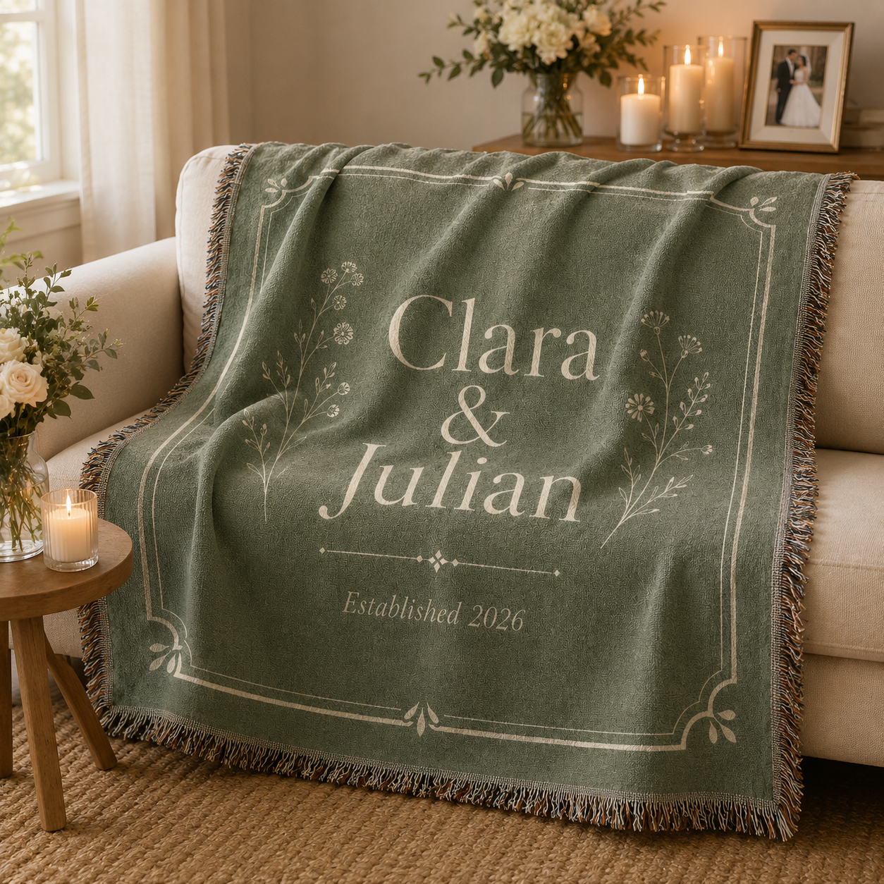 Personalized sage botanical wedding woven blanket softly draped on a neutral sofa