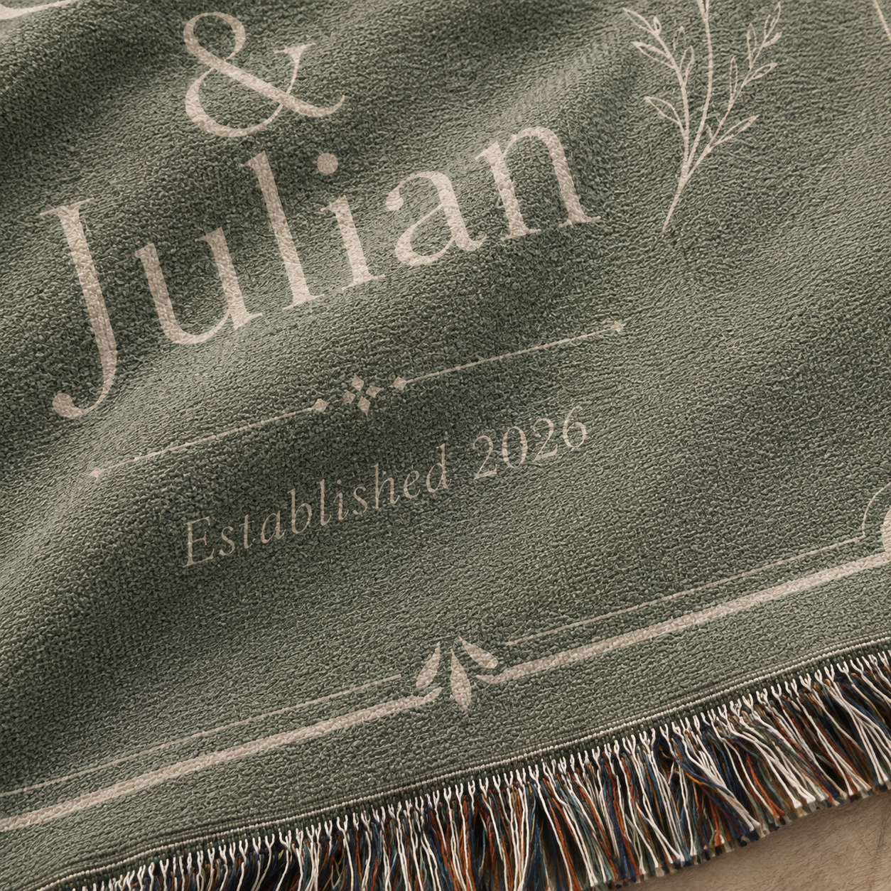 Macro detail of sage botanical wedding woven blanket showing woven texture and multicolor fringe