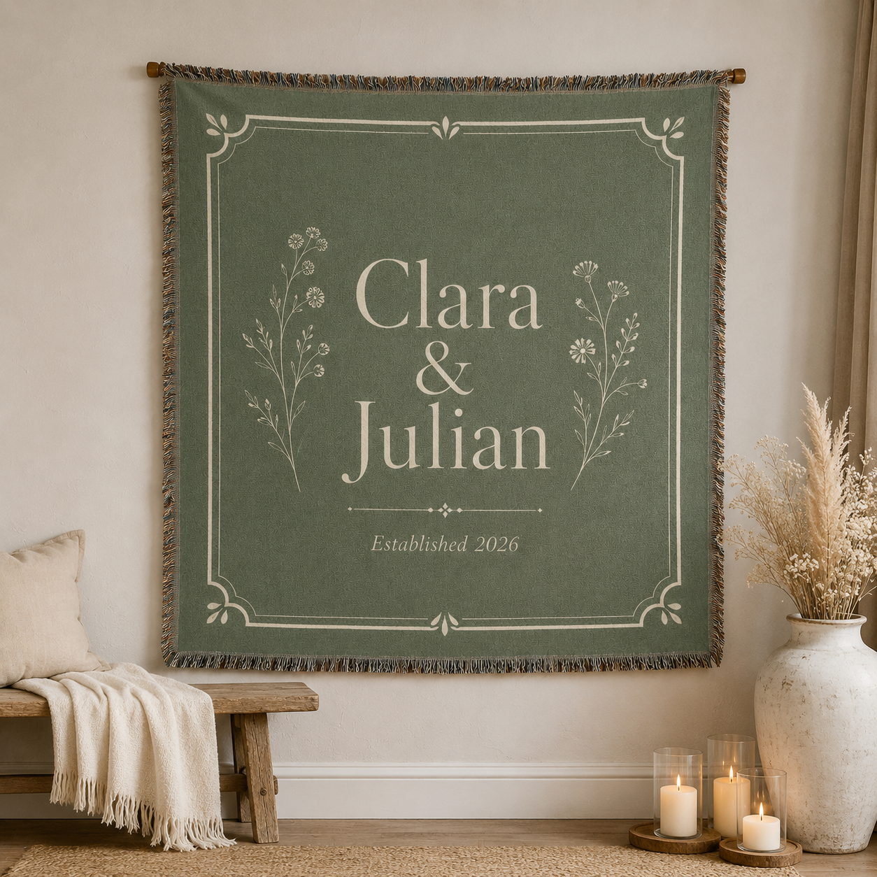 Personalized sage botanical wedding woven blanket displayed as elegant wall decor