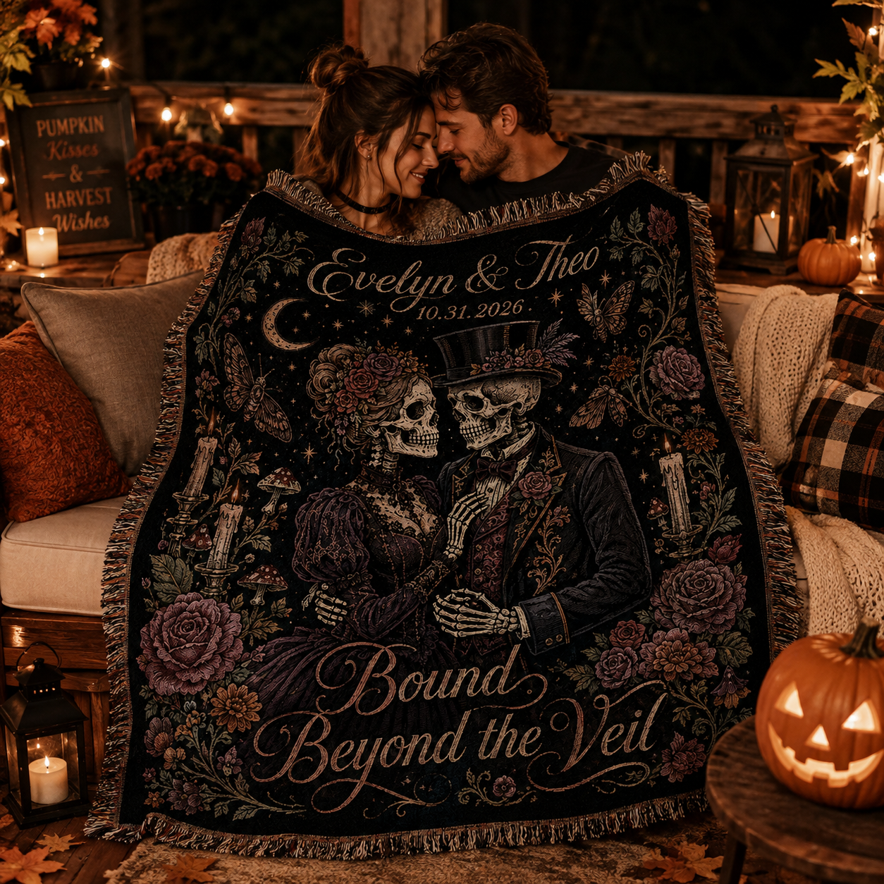 Couple cuddling under a personalized gothic skeleton woven blanket in a cozy Halloween setting