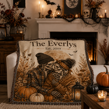 Personalized skeleton couple woven blanket styled by a Halloween fireplace