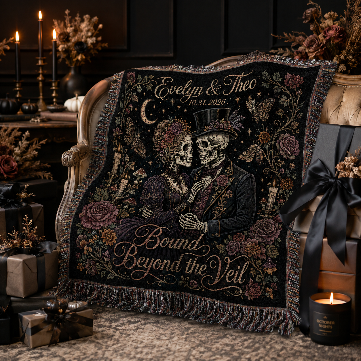 Personalized skeleton couple woven blanket arranged as an elegant gothic Halloween gift
