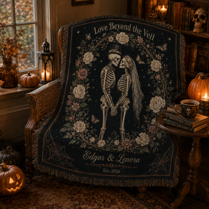 Love Beyond the Veil personalized skeleton couple blanket in a candlelit Halloween reading nook