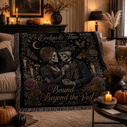 Personalized gothic skeleton couple woven blanket styled on a candlelit Halloween sofa