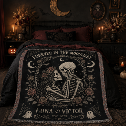 Personalized skeleton lovers woven blanket styled in a gothic Halloween bedroom
