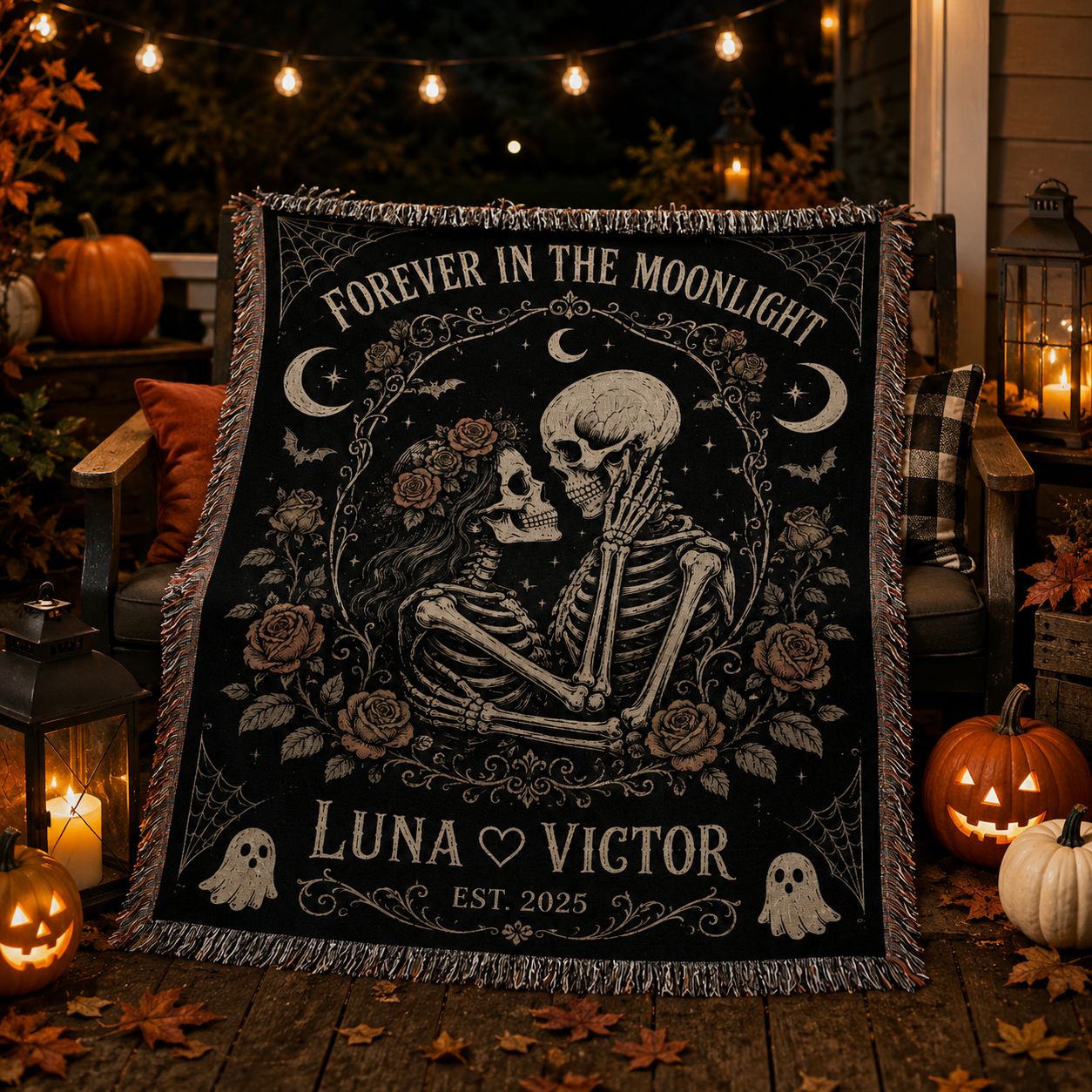 Personalized skeleton couple Halloween blanket displayed on a pumpkin-lit porch