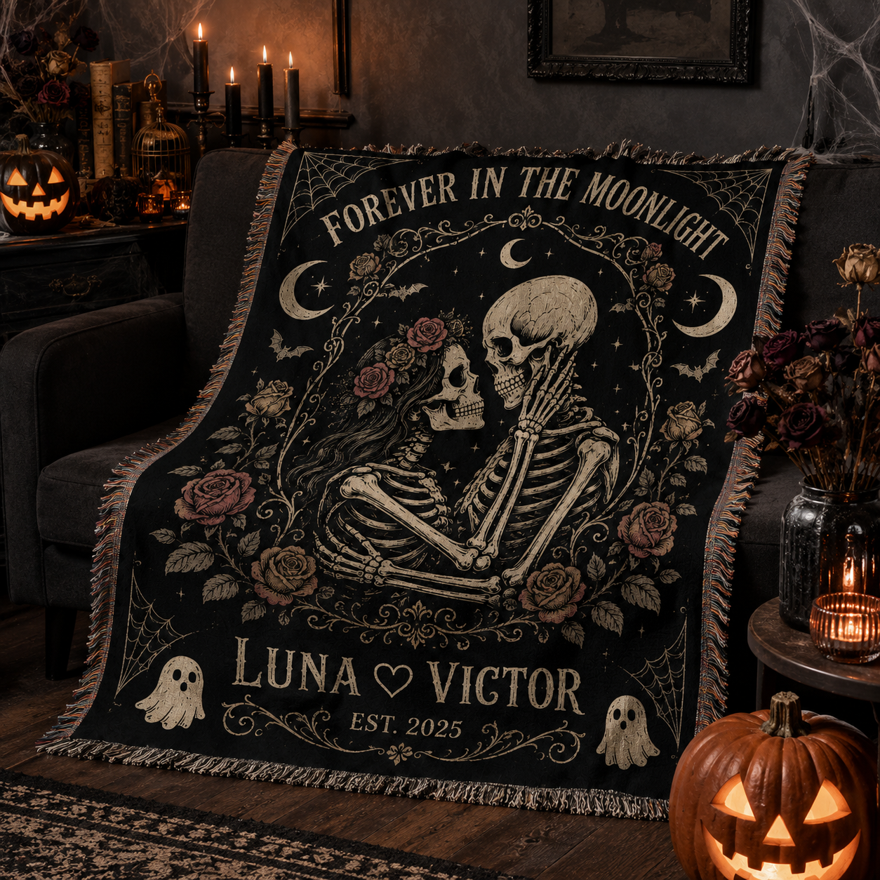 Personalized skeleton couple Halloween woven blanket styled on a gothic sofa