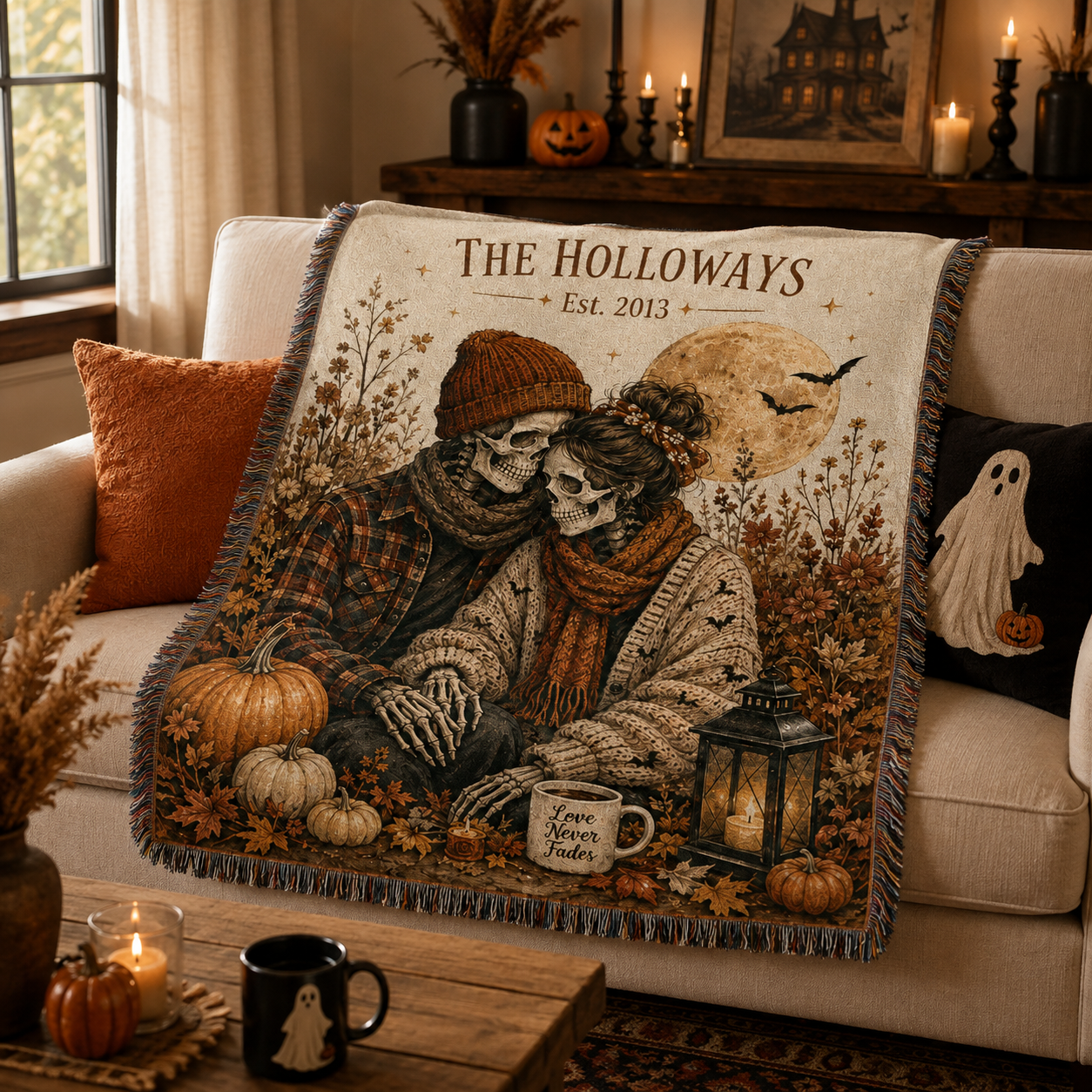 Personalized skeleton couple Halloween woven blanket styled on a cream sofa with pumpkins candles and autumn decor