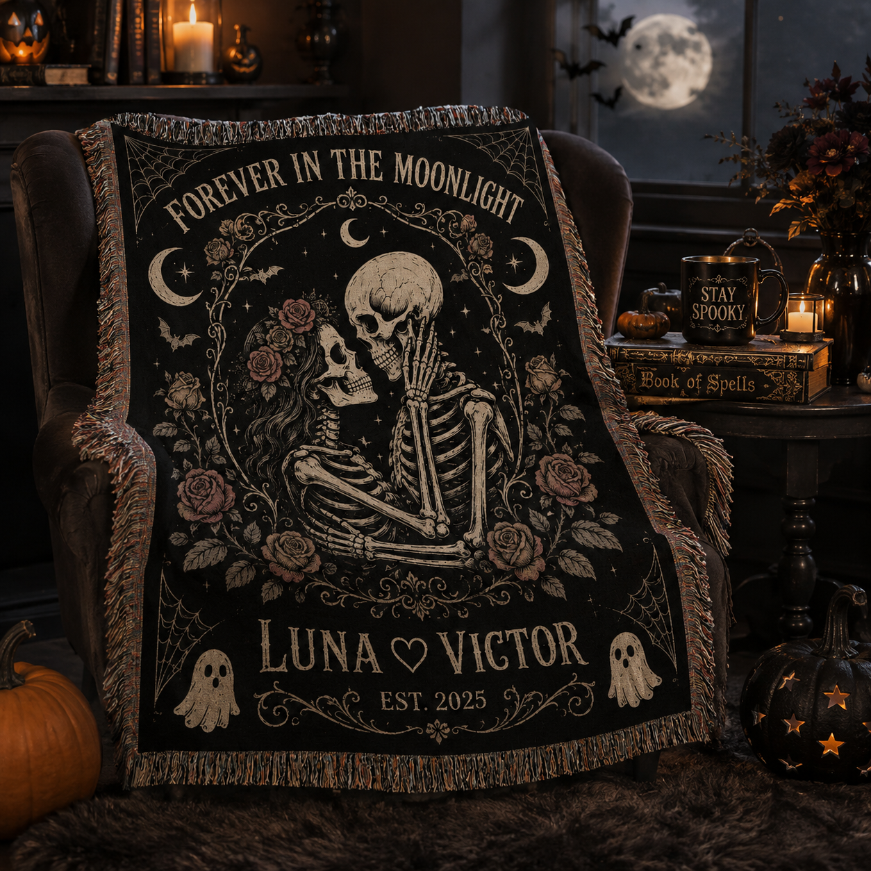 Personalized gothic skeleton couple blanket in a moonlit Halloween reading nook