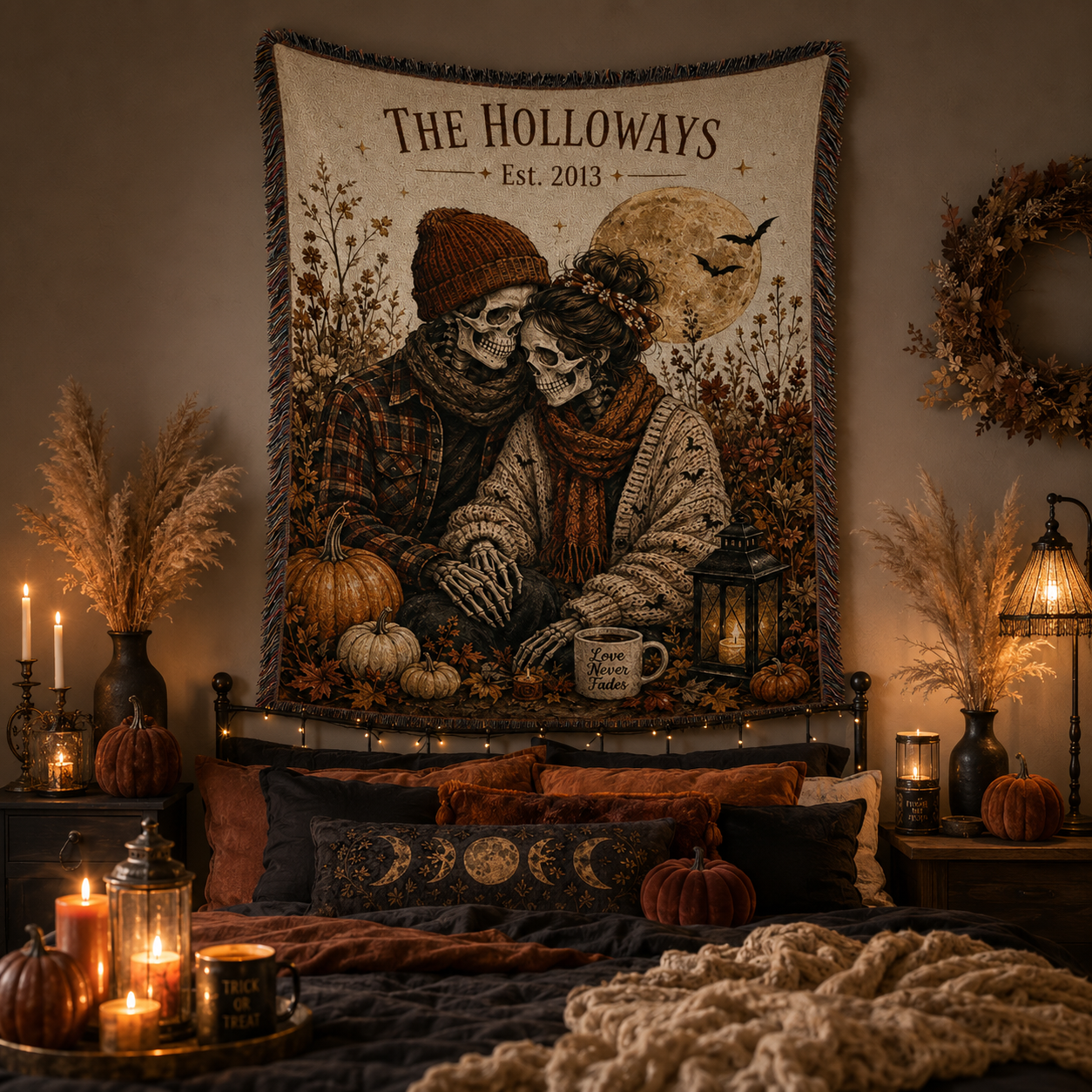 Personalized skeleton couple Halloween woven blanket displayed as wall tapestry above a moody autumn bedroom