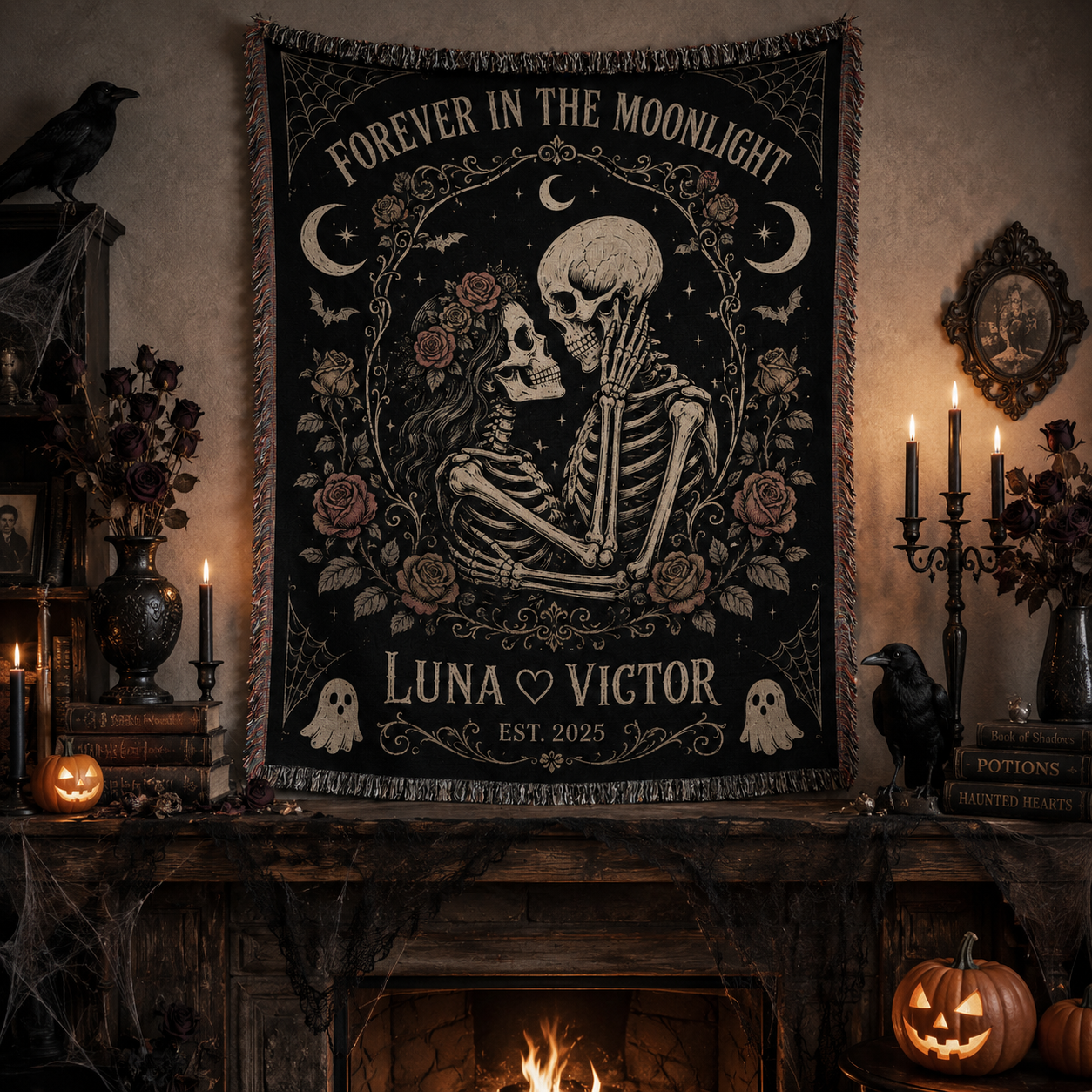 Personalized skeleton couple woven wall tapestry above a Halloween fireplace mantel